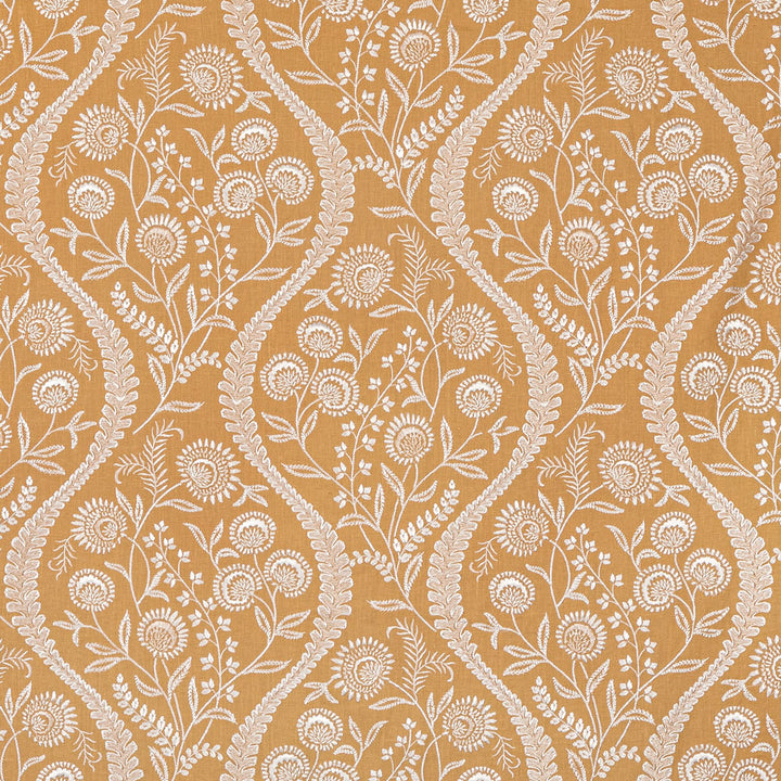 Symmetric, ornamental fabric pattern with intricate floral motifs on tan background.