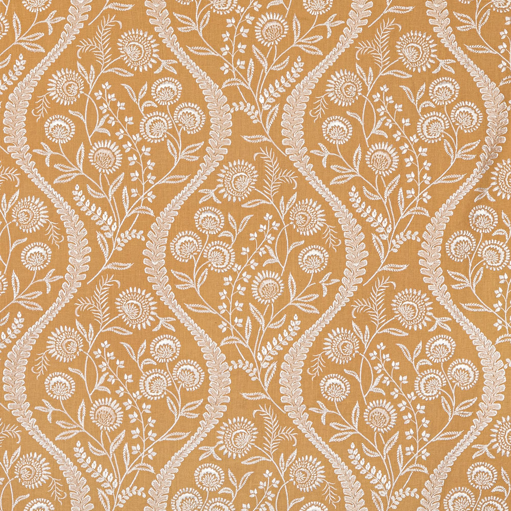 Symmetric, ornamental fabric pattern with intricate floral motifs on tan background.