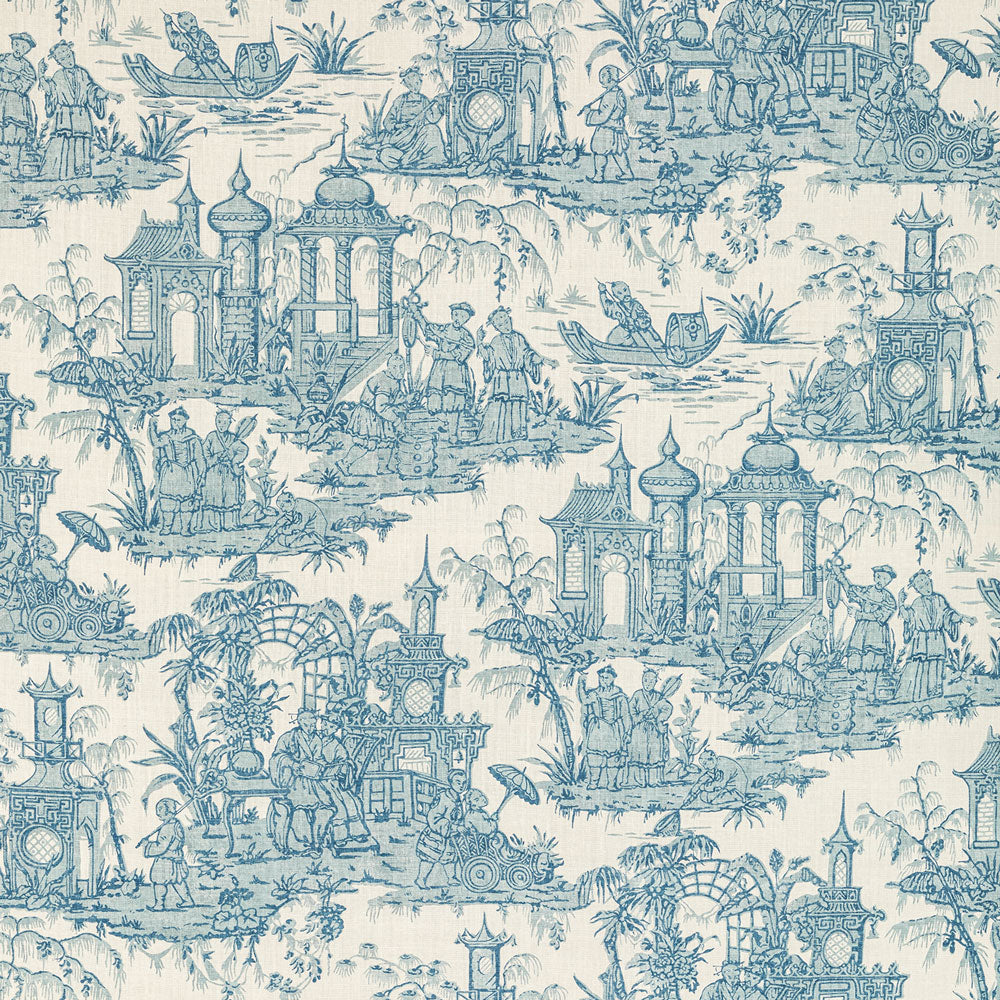 Classic blue and white toile fabric with pastoral scenes and exotic motifs.