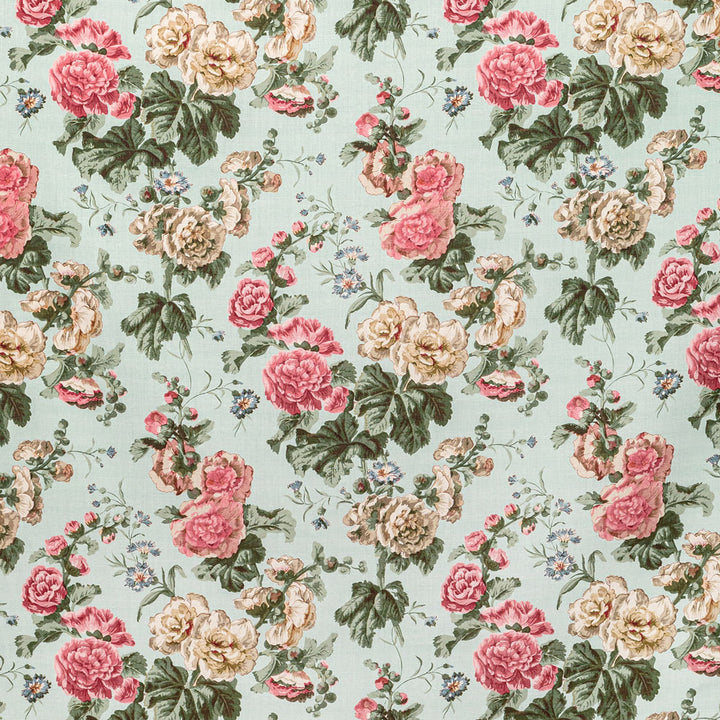 Traditional floral fabric with clusters of pink roses on aqua.