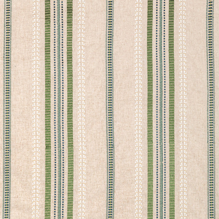 Symmetrical textile with alternating stripes in green, blue, and red.
