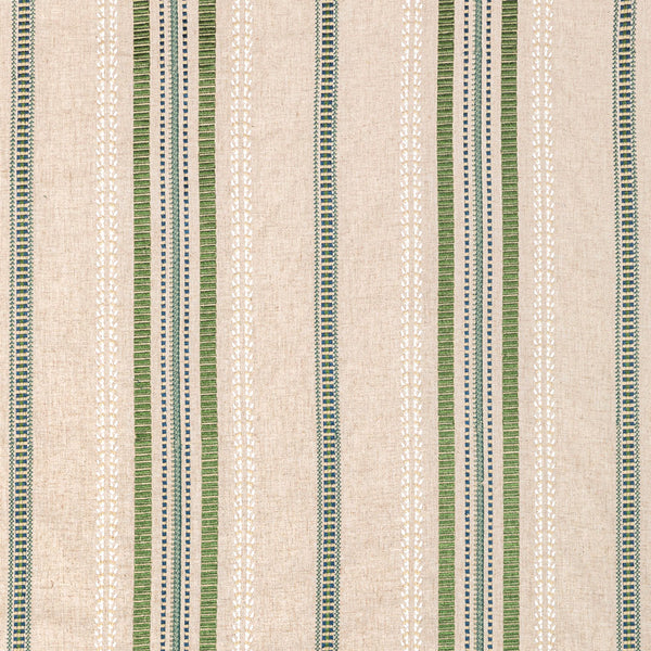 Symmetrical textile with alternating stripes in green, blue, and red.