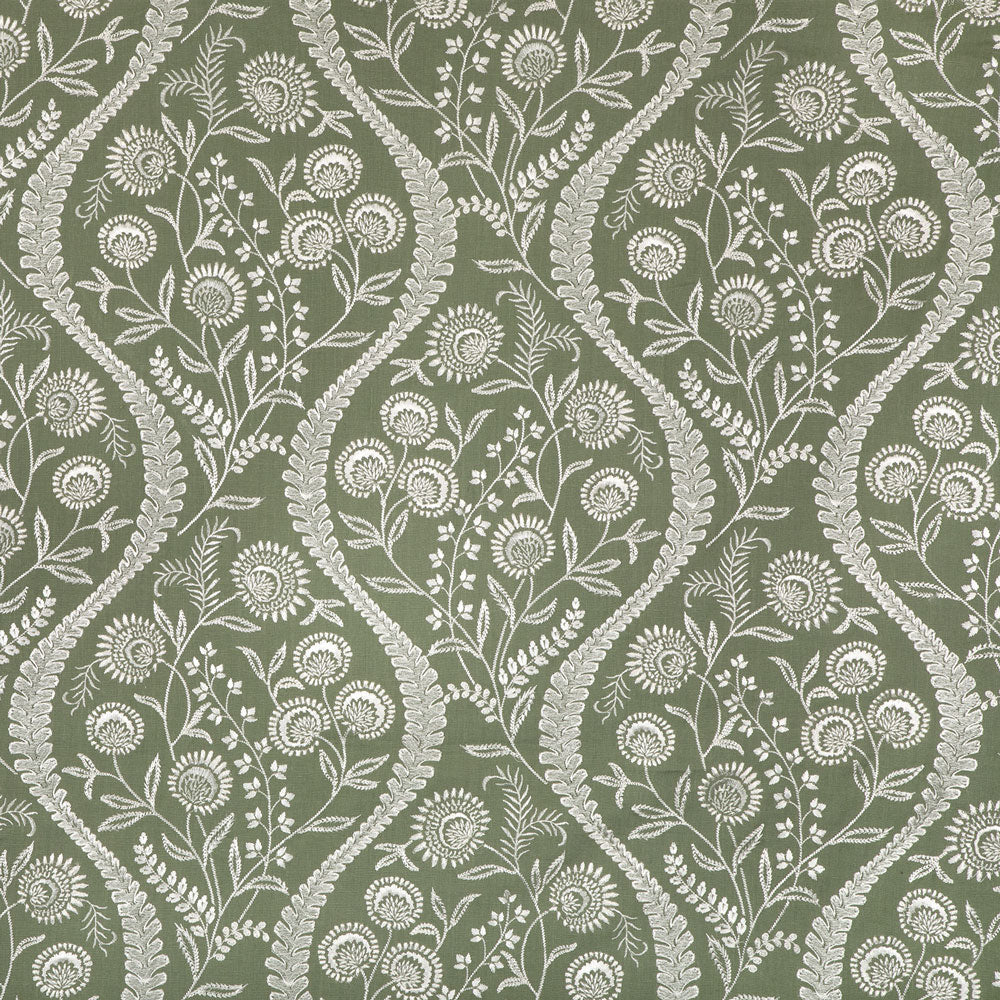 Traditional, textured fabric with intricate botanical motifs on green background.