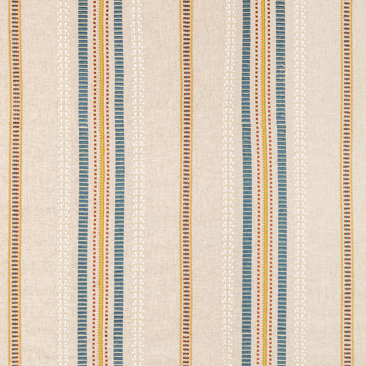 Repeating patterned textile design with denim-like blue and multi-colored stripes.