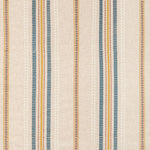 Repeating patterned textile design with denim-like blue and multi-colored stripes.