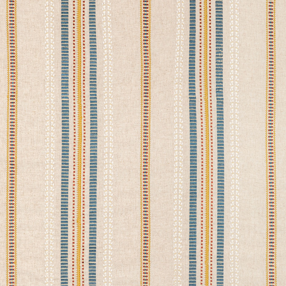 Repeating patterned textile design with denim-like blue and multi-colored stripes.