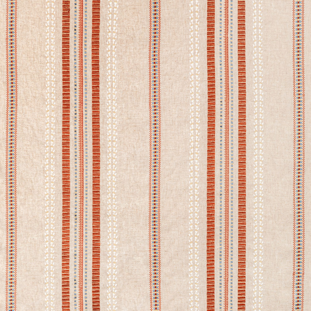 Natural cream fabric with rust-toned stripes and delicate embroidery.