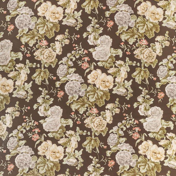 Floral pattern with realistic blooms and earth-toned palette on dark background.