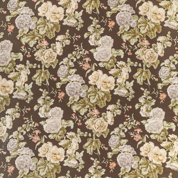 Floral pattern with realistic blooms and earth-toned palette on dark background.