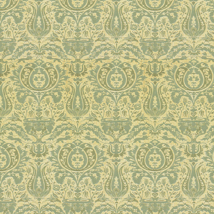Elegant, symmetrical floral design in shades of green wallpaper.