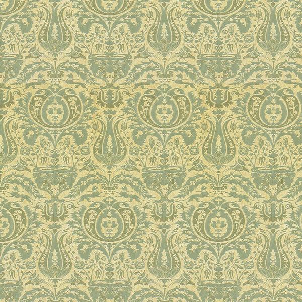 Elegant, symmetrical floral design in shades of green wallpaper.