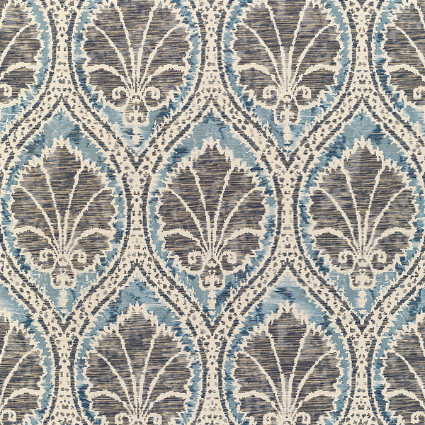 Close-up of fabric with repetitive leaf-like pattern in gray and blue.