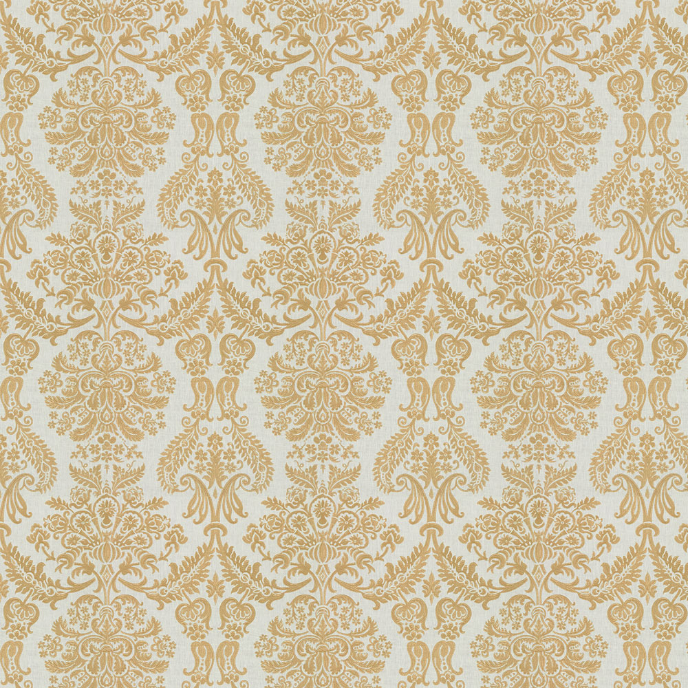 Symmetrical and intricate damask-inspired pattern in warm golden tones.