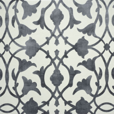 Symmetrical and intricate floral pattern in monochromatic shades of gray.