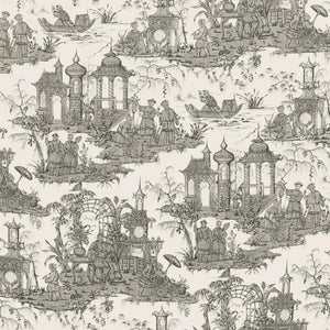 Captivating chinoiserie-inspired pattern depicts a lush, exotic landscape with intricate details.