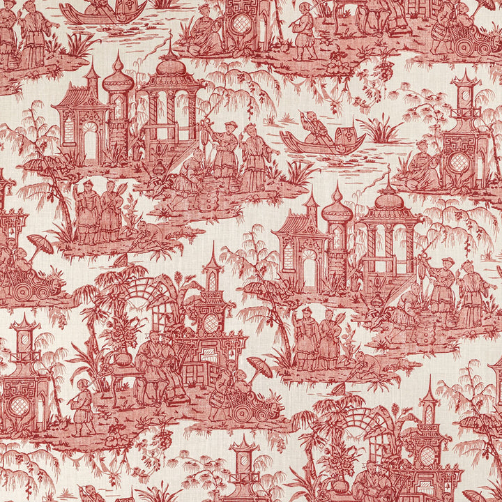 Intricate toile de Jouy pattern showcases exotic Oriental landscape scene.