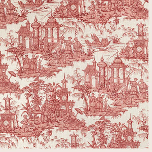 Intricate toile de Jouy pattern showcases exotic Oriental landscape scene.