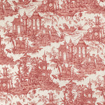 Intricate toile de Jouy pattern showcases exotic Oriental landscape scene.