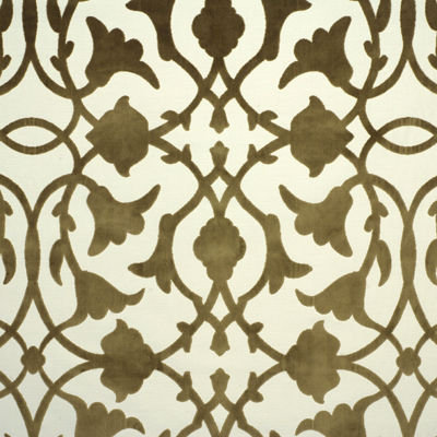 Symmetrical and ornate damask pattern in muted earthy brown tones.
