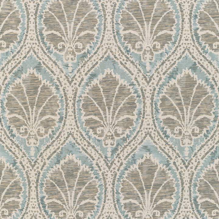Symmetrical, ornate fabric pattern inspired by leaves in muted tones.