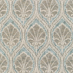Symmetrical, ornate fabric pattern inspired by leaves in muted tones.