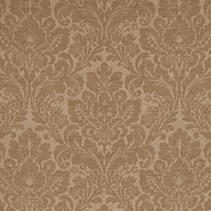 Classic damask pattern with intricate floral motifs in monochromatic brown.