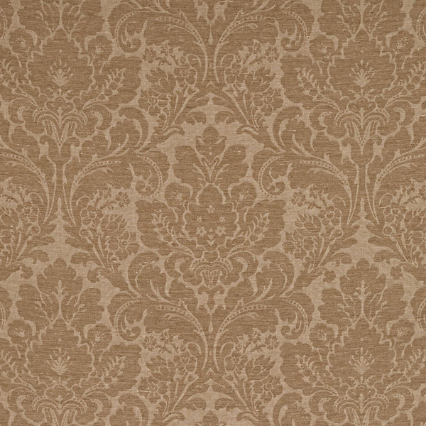 Classic damask pattern with intricate floral motifs in monochromatic brown.