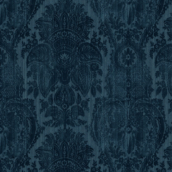 Intricate monochrome blue damask textile pattern with symmetrical floral motifs.