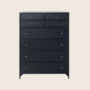 Modern black dresser with eight drawers, simple and elegant design.