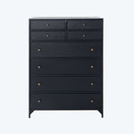 Modern black dresser with eight drawers, simple and elegant design.