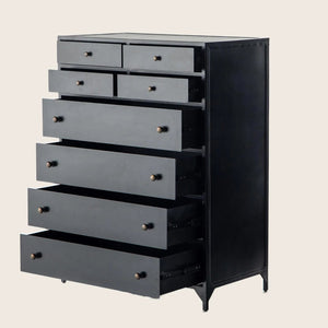 Modern black dresser with eight drawers, simple and elegant design. - hover