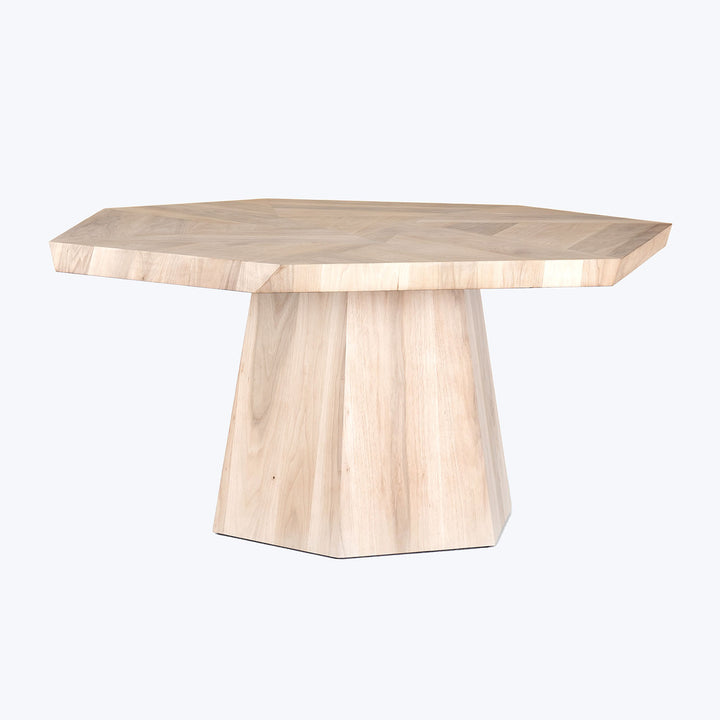 Modern hexagonal wooden table with tapered pedestal base, minimalist design.