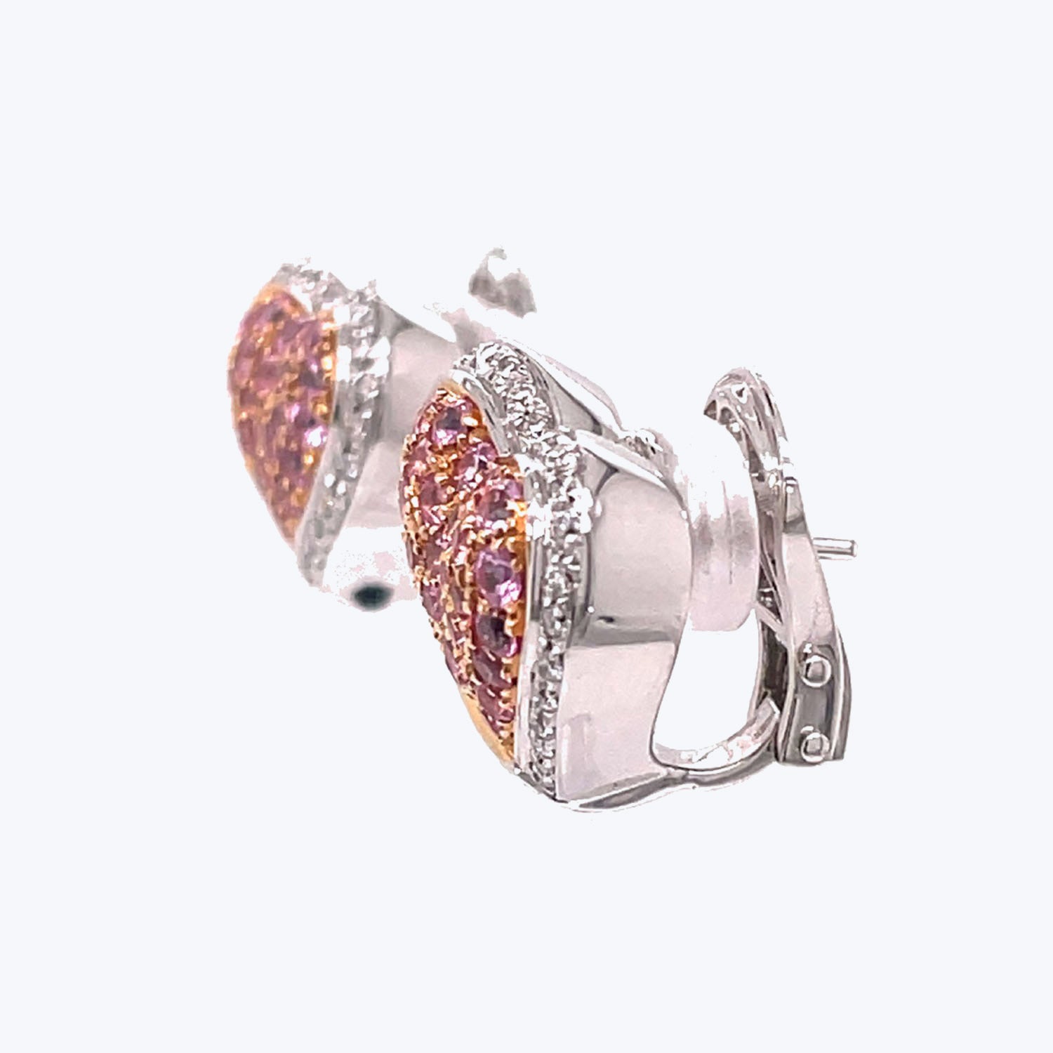 Elegant heart-shaped stud earrings with pinkish-orange crystals and halo