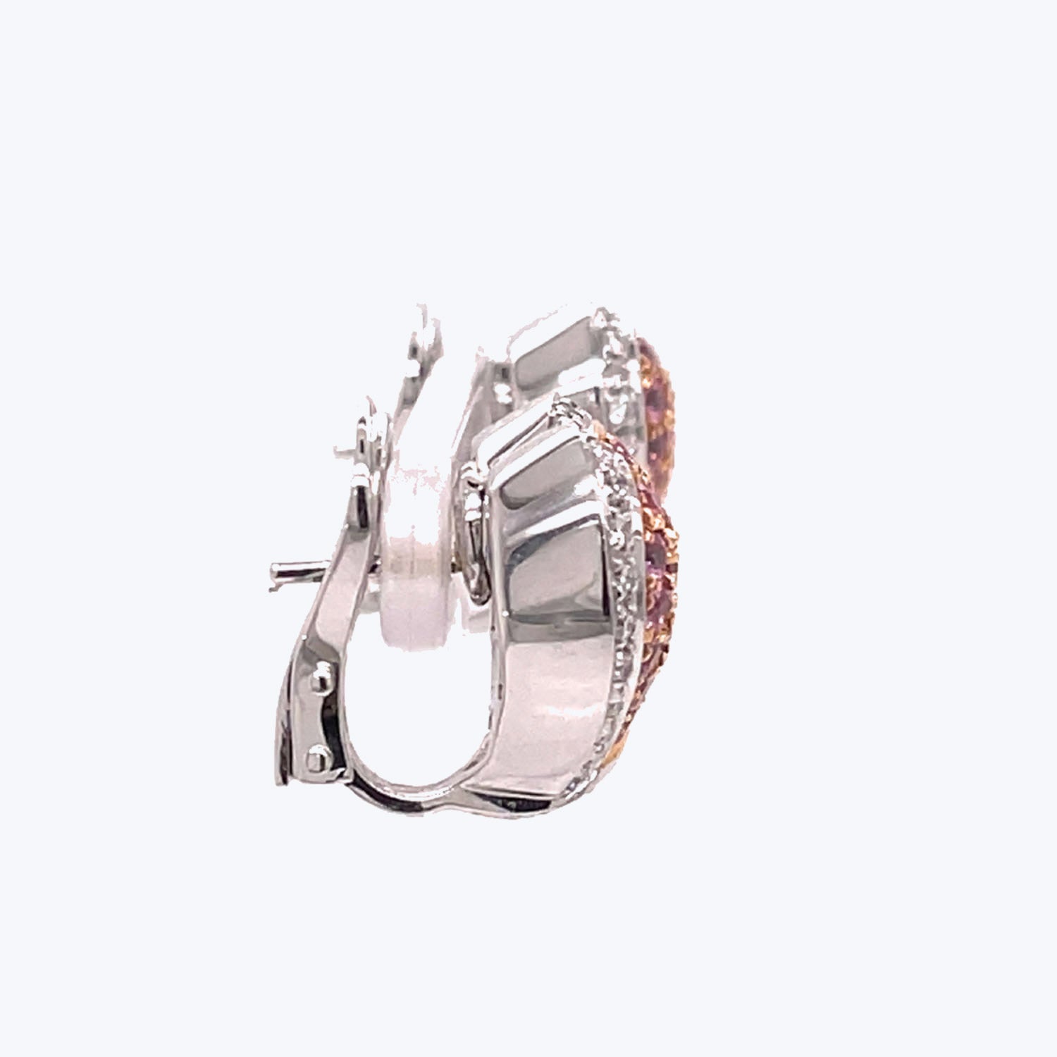Elegant silver-toned hoop earring with pinkish gemstone embellishments.