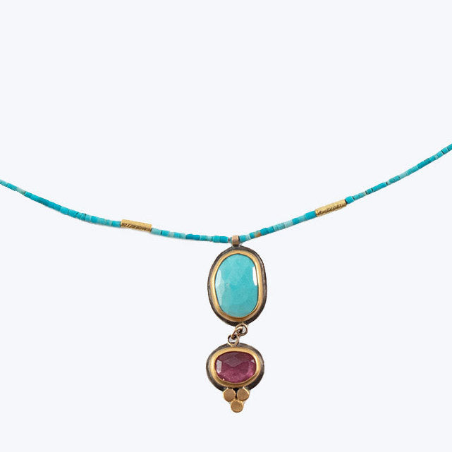 22k Gold Rosecut Turquoise, Pink Sapphire Necklace