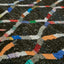 Close-up of a vibrant diamond patterned rug with tribal influence.