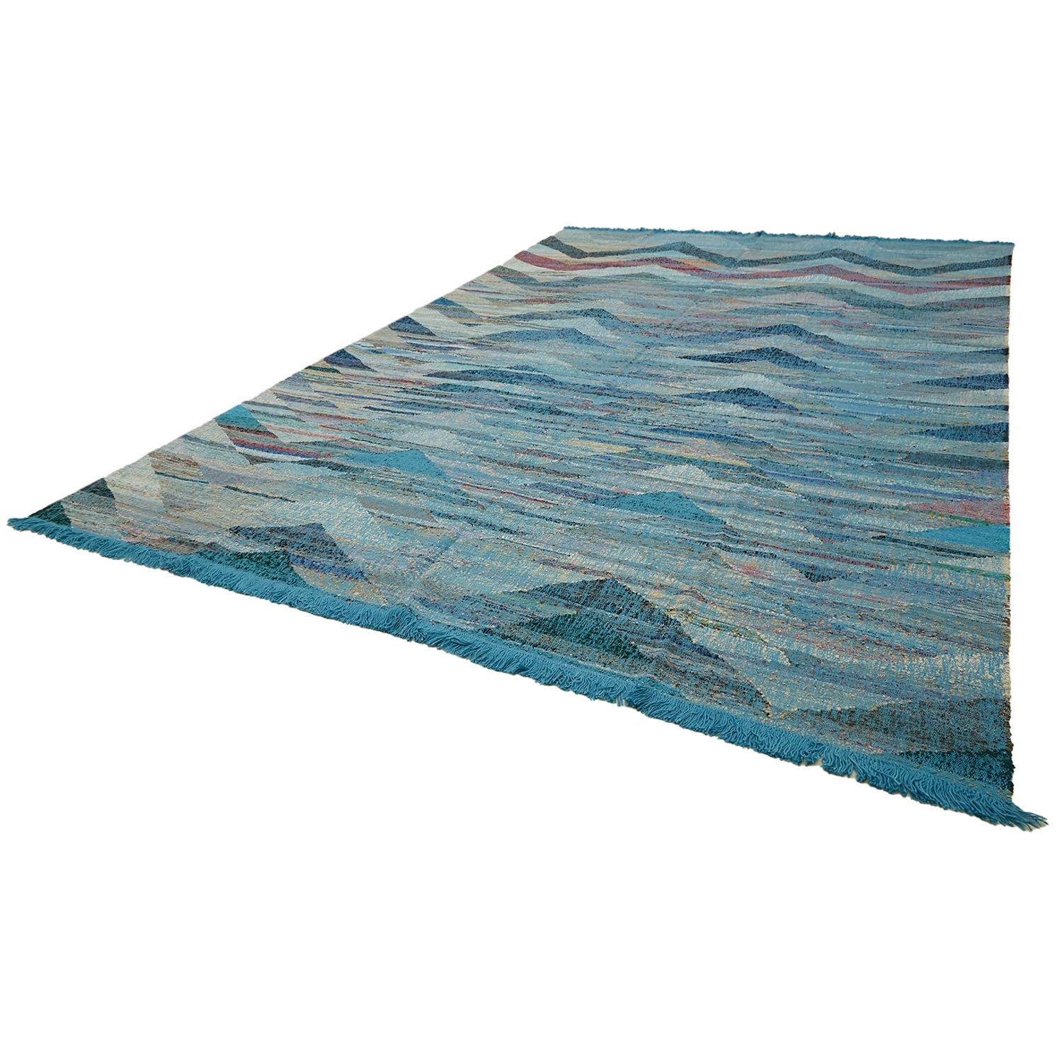 Floating rug with textured waves in blue, turquoise, and grey.