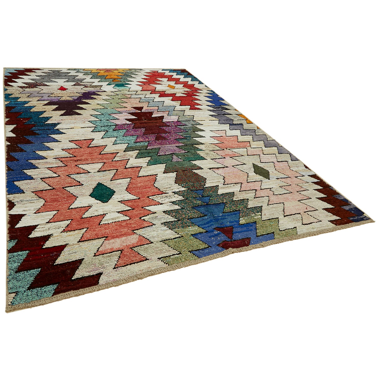 Vibrant and symmetrical artisanal rug with intricate geometric pattern.