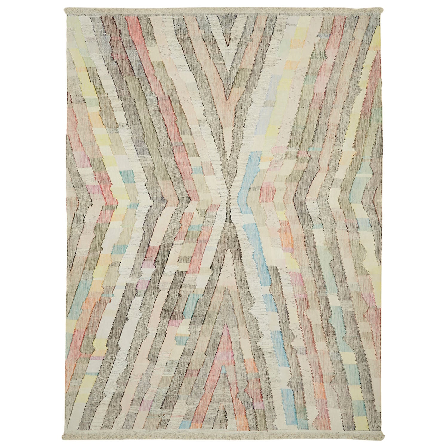 Abstract hand-woven rug with pastel geometric patterns and fringed edges.