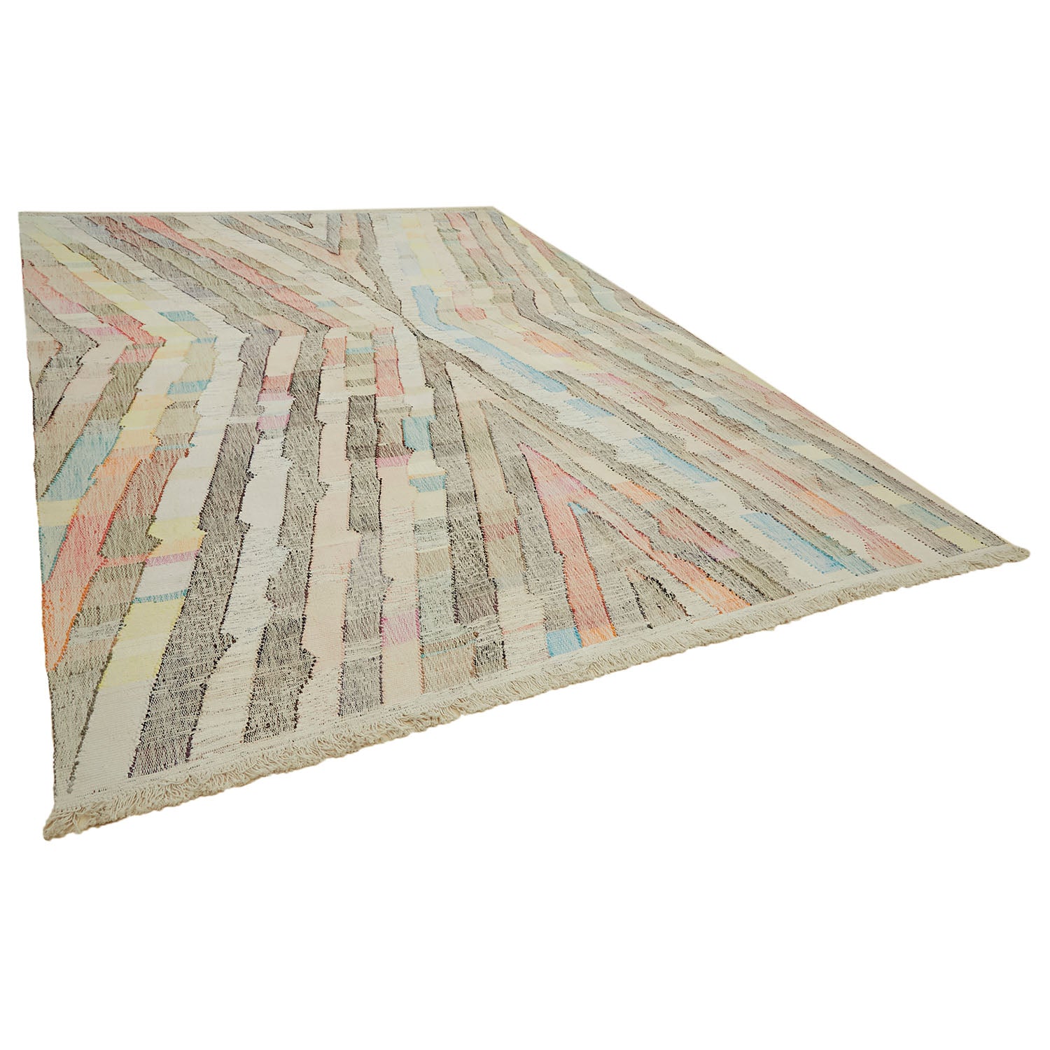 Contemporary geometric rug with pastel colors and textured striped pattern.