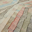 Abstract handwoven textile displaying colorful, uneven vertical stripes and patterns.