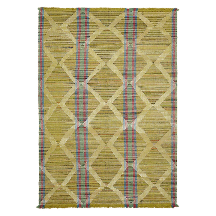 Handcrafted flat-weave rug with geometric diamond pattern in earthy tones.