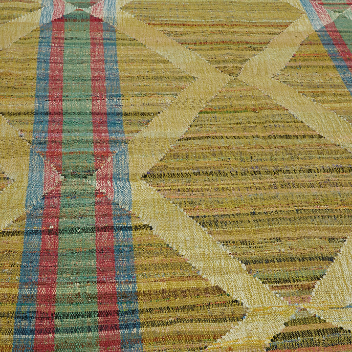 Close-up of a handwoven, textured rug with earthy tones