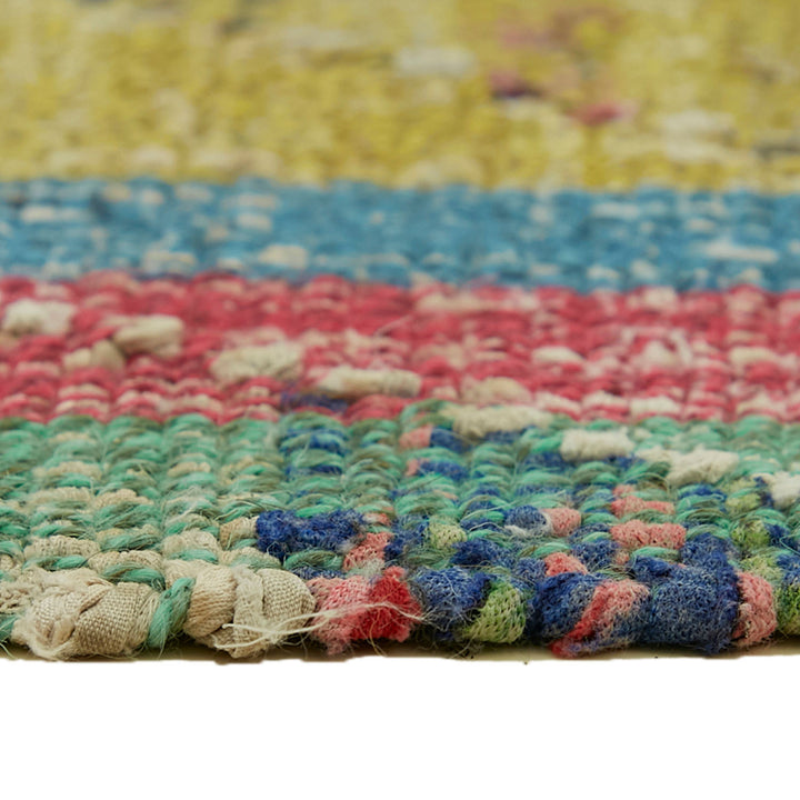 Close-up view of a vibrant, well-used woven fabric with frayed texture.