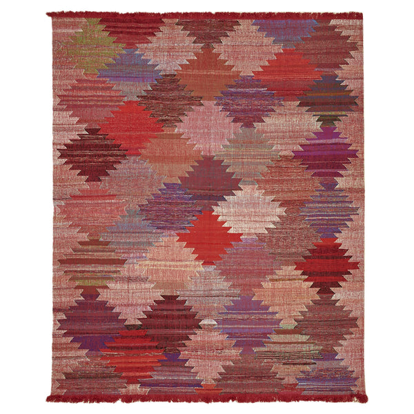 Vibrant Southwestern-style rug showcases intricate diamond pattern with fringe details.