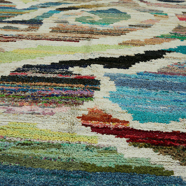 Vibrant and abstract, this close-up showcases a colorful textured rug.
