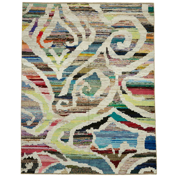 Colorful and abstract area rug with intricate geometric and organic patterns.