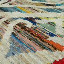 Vibrant and textured rug with a variety of colorful patterns.