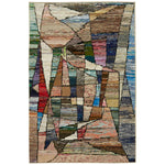 Abstract, multicolored rectangular rug with intricate collage-like design and vibrant colors, evoking modern artistic appeal.