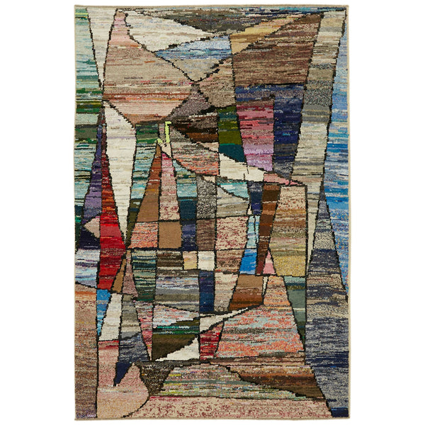 Abstract, multicolored rectangular rug with intricate collage-like design and vibrant colors, evoking modern artistic appeal.